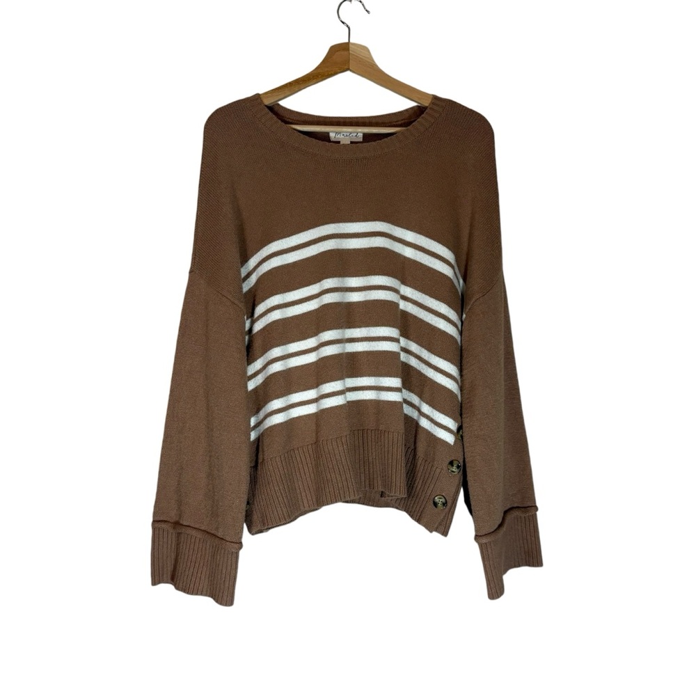 Marled Brown and White Striped Boat Neck Sweater with Button Side Accents XL